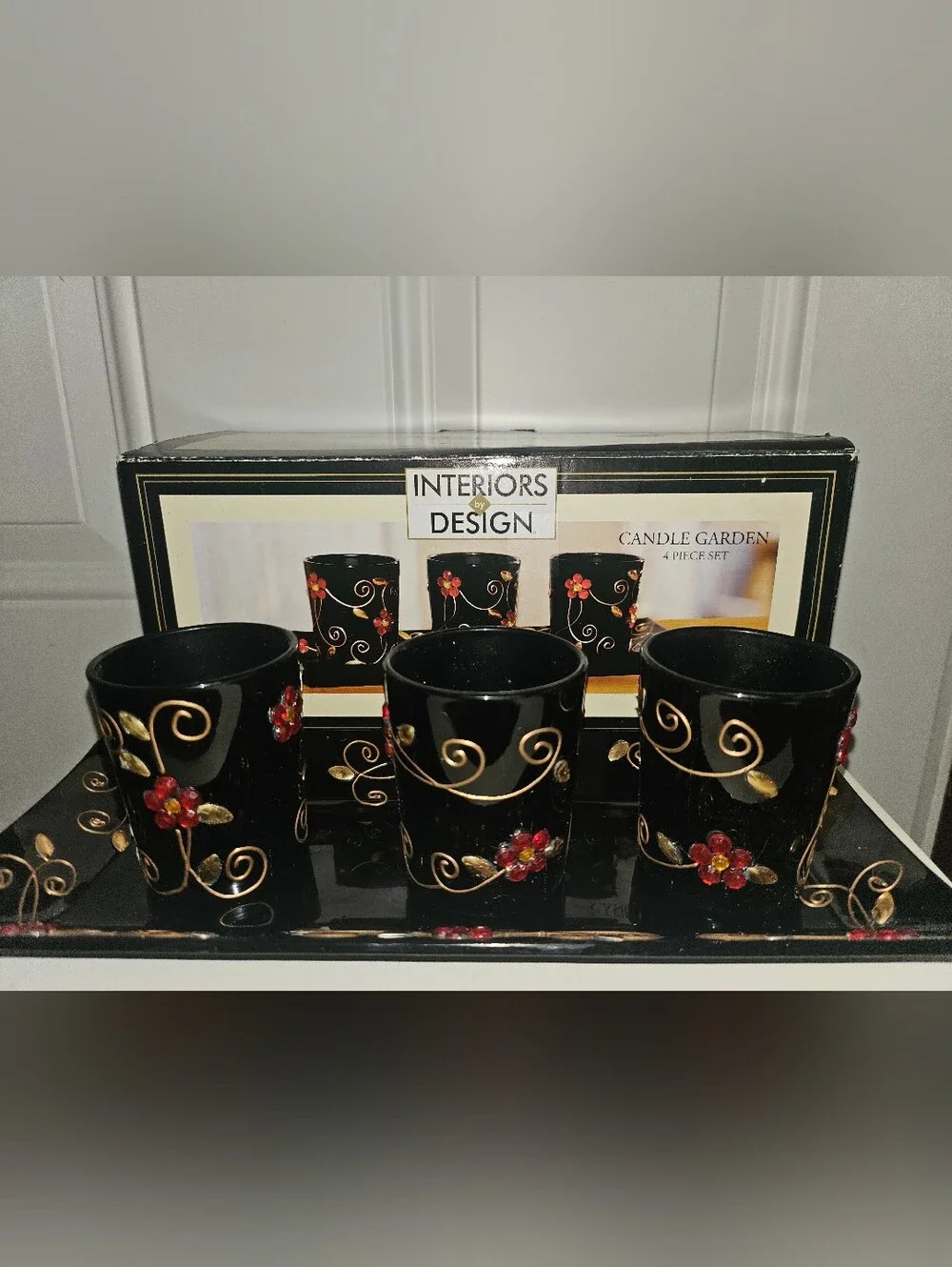 Black Glass Floral Candle Garden 4-Piece Set - New
